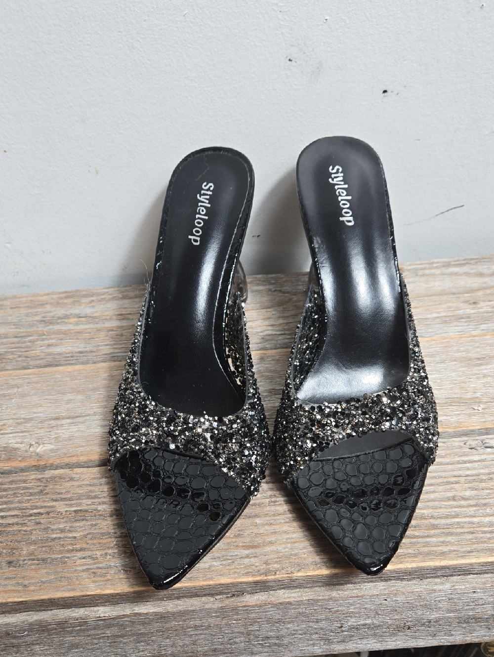 Styleloop Black And Silver Sparkle Mule Translucent Clear Pointed Toe Heels - Picture 4 of 7